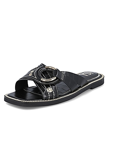 360 degree animation of product Black gold buckle cross sandals frame-0