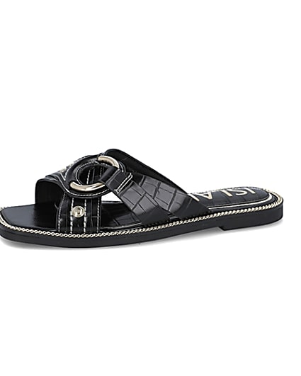 360 degree animation of product Black gold buckle cross sandals frame-2