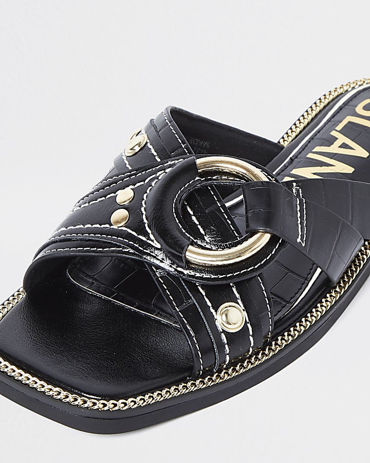 Black gold buckle cross sandals