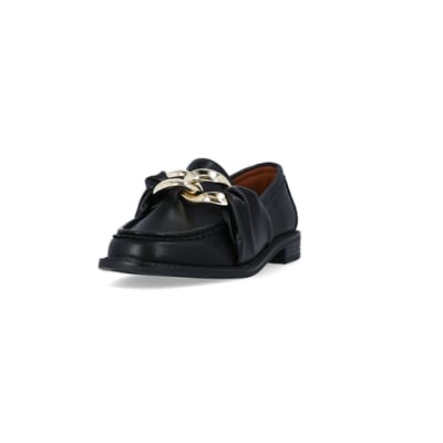 360 degree animation of product Black gold chain detail loafers frame-23