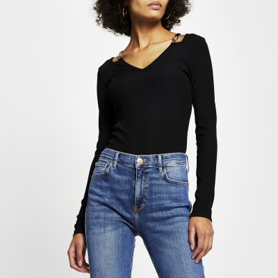 Black gold chain shoulder detail v neck top River Island
