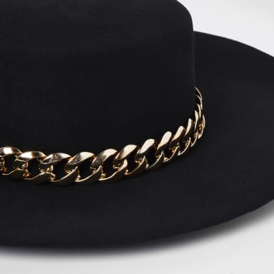 Black gold chain trim fedora hat