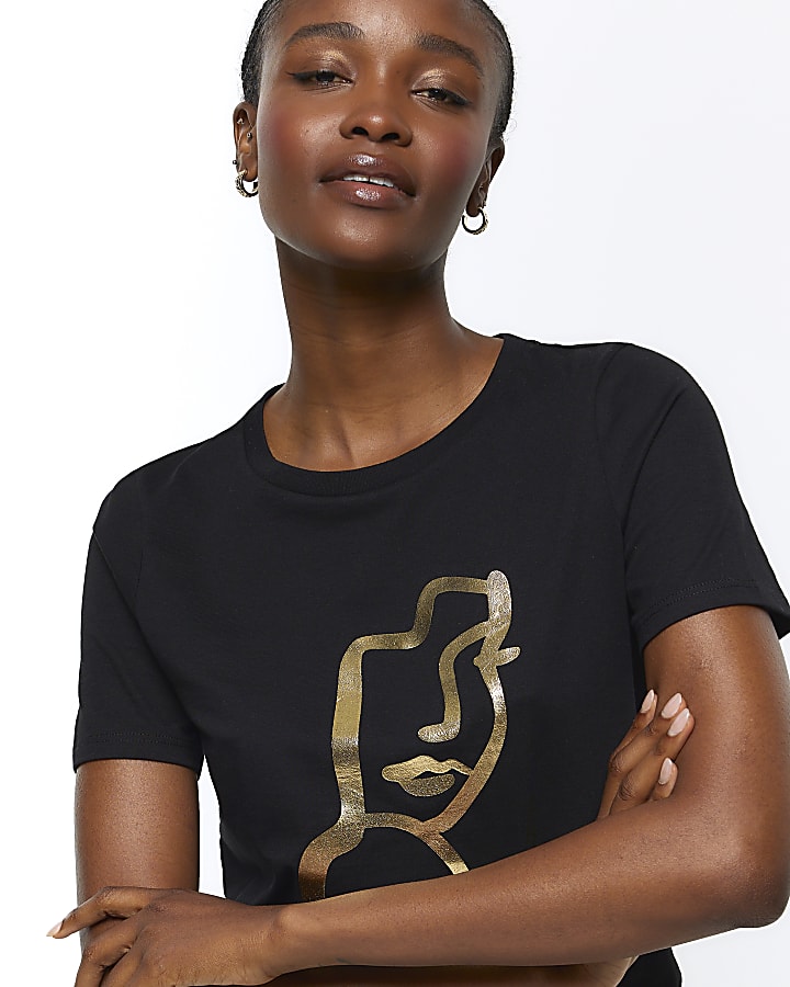 Black gold foil t-shirt | River Island