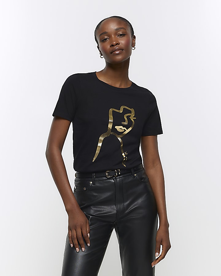 Black gold foil t-shirt | River Island
