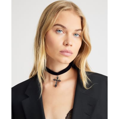 Black Gothic cross Velvet Choker River Island