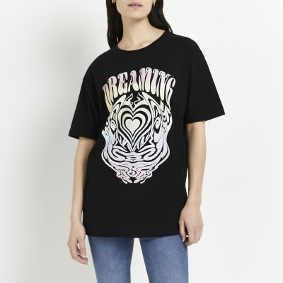 Black graphic print oversized t-shirt | River Island