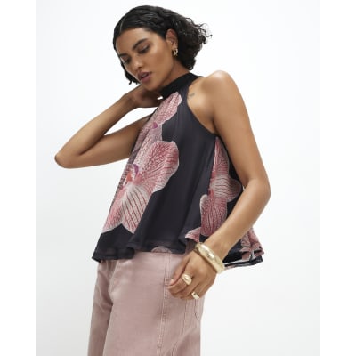 Halter Neck Floral Print Mesh Top