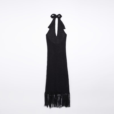 Black halter neck knit midi dress