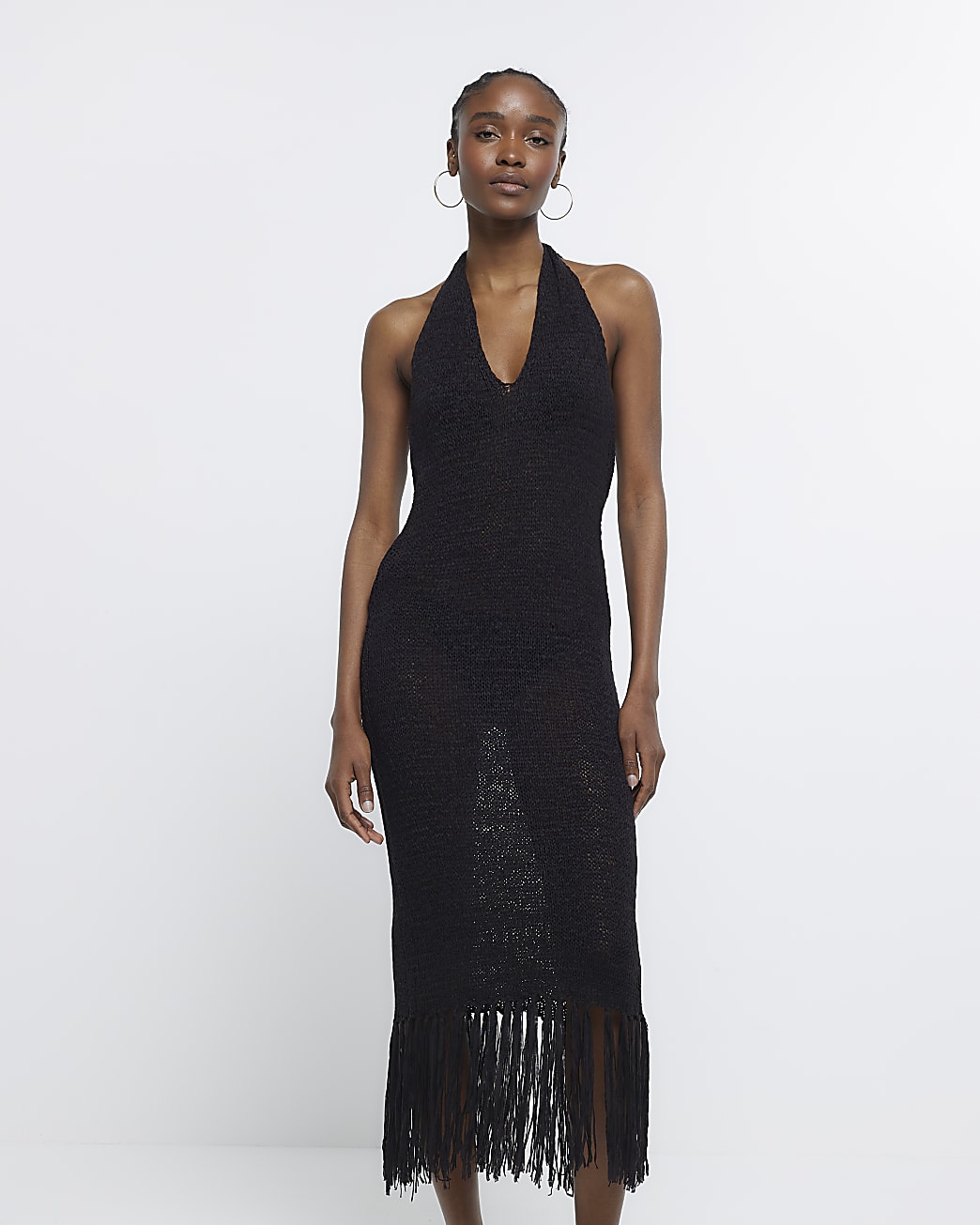 riverisland.com | Black Halter Neck Knit Midi Dress