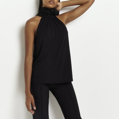 Black halter neck sleeveless top | River Island