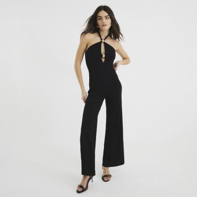 Black Halter Neck Trim Jumpsuit