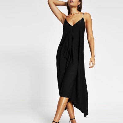 Black hanky hem midi slip dress | River Island