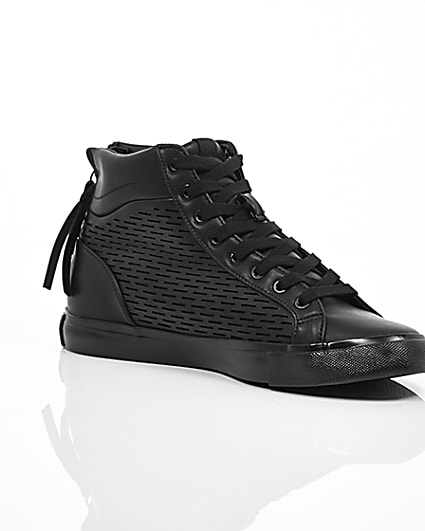 360 degree animation of product Black heel zip hi top trainers frame-7