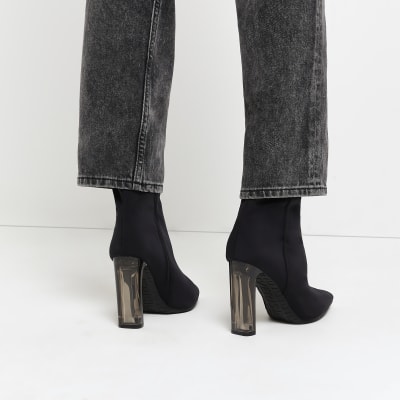 Black heeled sock ankle boots River Island