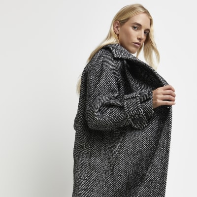 Black herringbone double breasted coat River Island