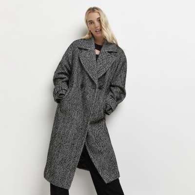 Black herringbone double breasted coat | River Island