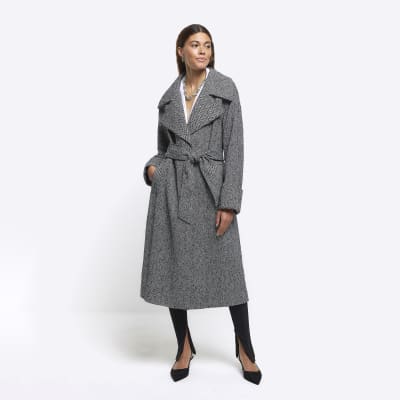 Black herringbone longline coat | River Island