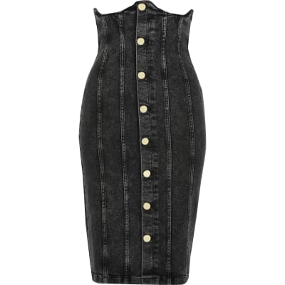 river island black denim skirt