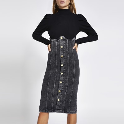 river island black denim skirt