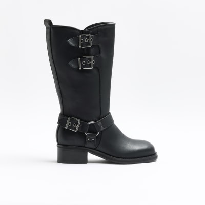 Black high leg biker boots River Island