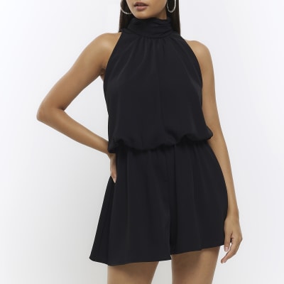 Black high neck playsuit River Island