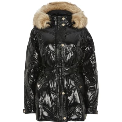 river island black high shine padded faux fur trim jacket