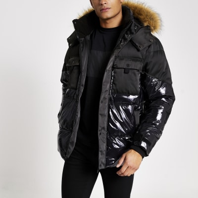 high shine puffer jacket with fur hood