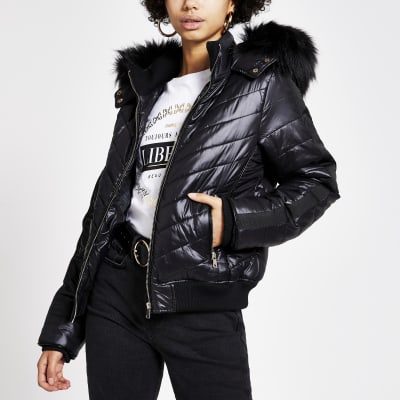 river island black high shine padded faux fur trim jacket