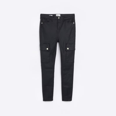 Black high waist coated cargo skinny jeans