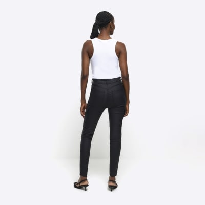 Black high waisted coated cargo skinny jeans