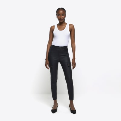 Black high waisted coated cargo skinny jeans