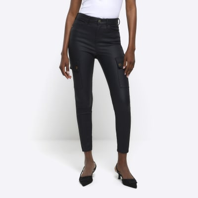 Black high waisted coated cargo skinny jeans