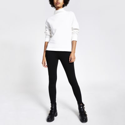 ZARA High Waisted Ponte Knit‎ Moto Leggings Black Ribbed Side