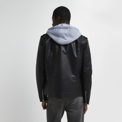 Black hood insert faux leather biker jacket River Island