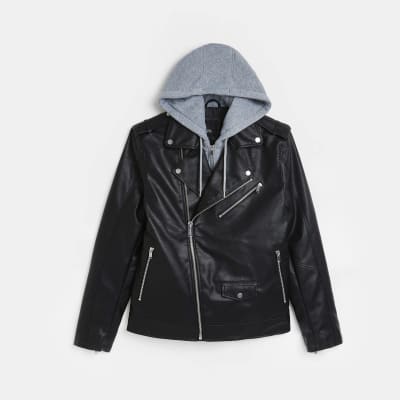 Black hood insert faux leather biker jacket River Island