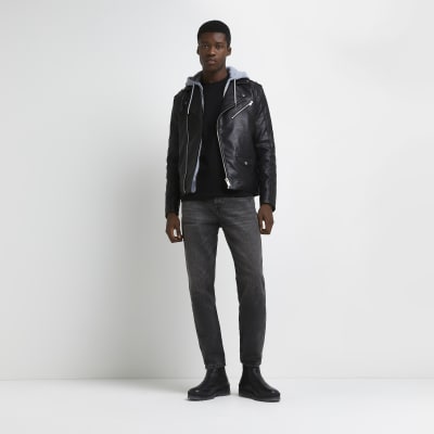 Black hood insert faux leather biker jacket River Island