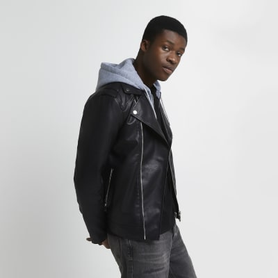 Black hood insert faux leather biker jacket River Island
