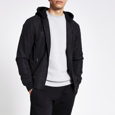 Black Hooded Bomber Jacket River Island