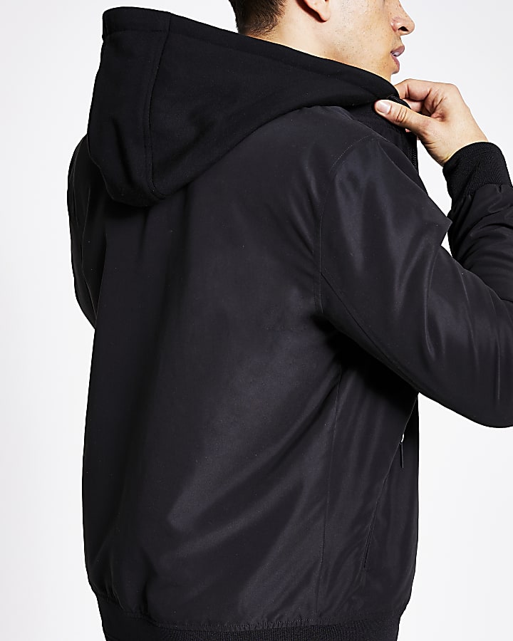 Black hooded bomber jacket