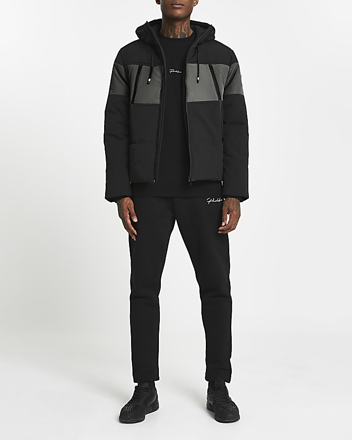 Black hooded colour block puffer jacket