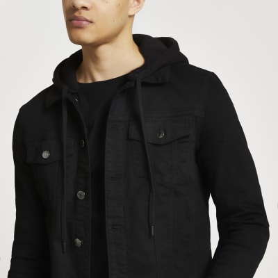 Black hooded denim jacket River Island