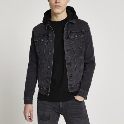 Black Hooded Denim Jacket River Island