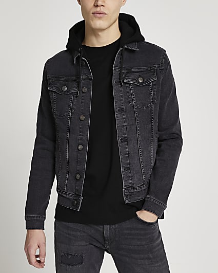 Black hooded denim jacket