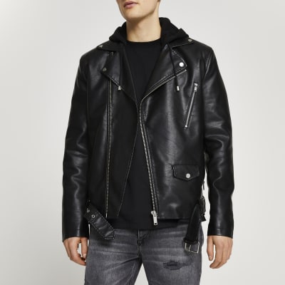 black faux leather hooded jacket