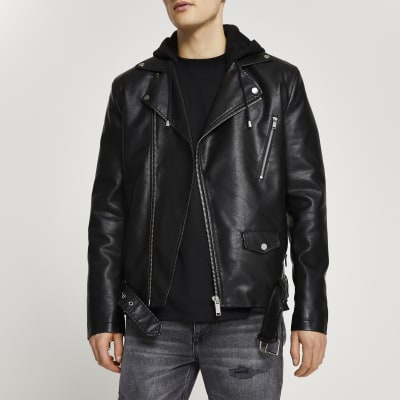 black leather jacket with hood