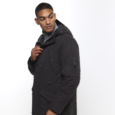 Black hooded longline parka jacket | River Island