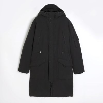Black hooded longline parka jacket River Island