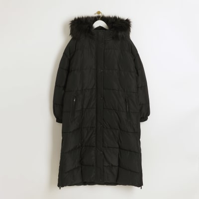 Black hooded longline puffer coat