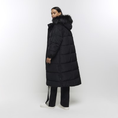 Black hooded longline puffer coat River Island