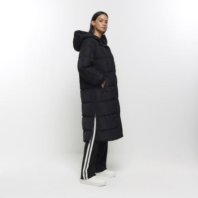 Black hooded longline puffer coat